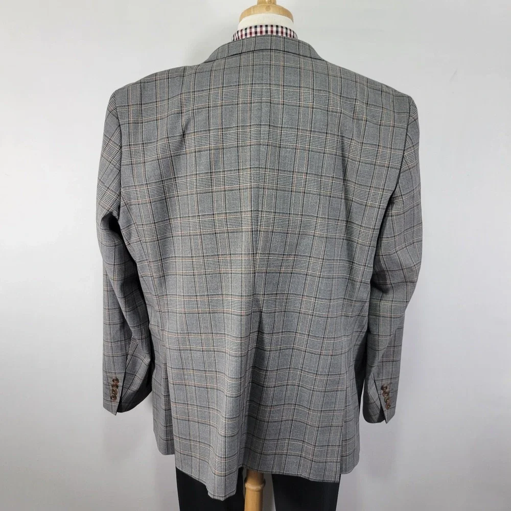 Stafford Mens Sport Coat Blazer Two Button Gray Plaid Poly Wool Size 52R Classic
